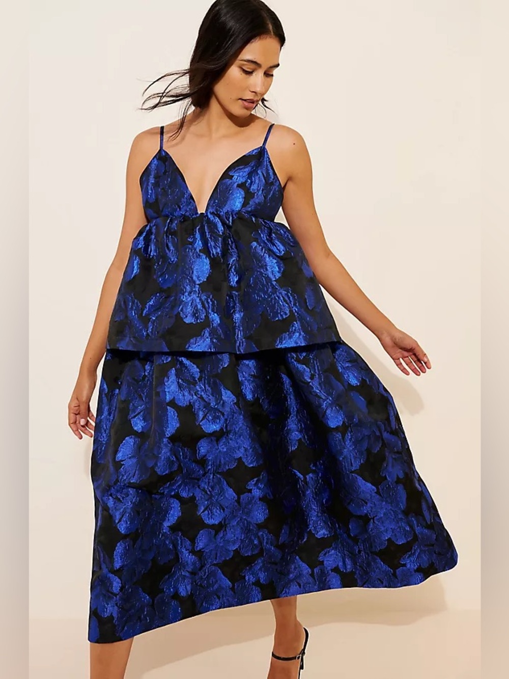 Anthropologie Black and Royal Blue Floral Maxi Dress